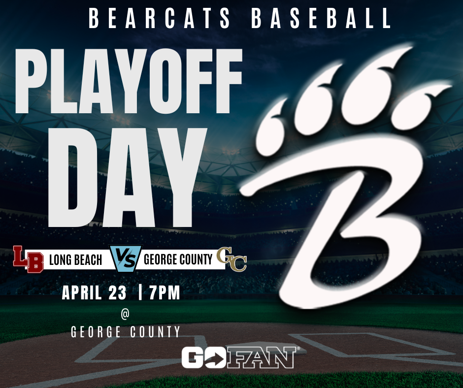 Promotional graphic for the 2026 MHSAA Baseball Playoffs featuring George County versus Long Beach High School. The background shows a baseball field with players near the pitcher’s mound and home plate. In the foreground, a large stylized “GC” logo for George County appears on the left and a stylized “B” logo with claw marks for Long Beach High School appears on the right. A circular “VS” emblem sits between the two logos. Text reads: “NFHSNETWORK.COM — 2026 MHSAA Baseball Playoffs George County vs. Long Beach High School – 04/24/2026 | Live & On…”